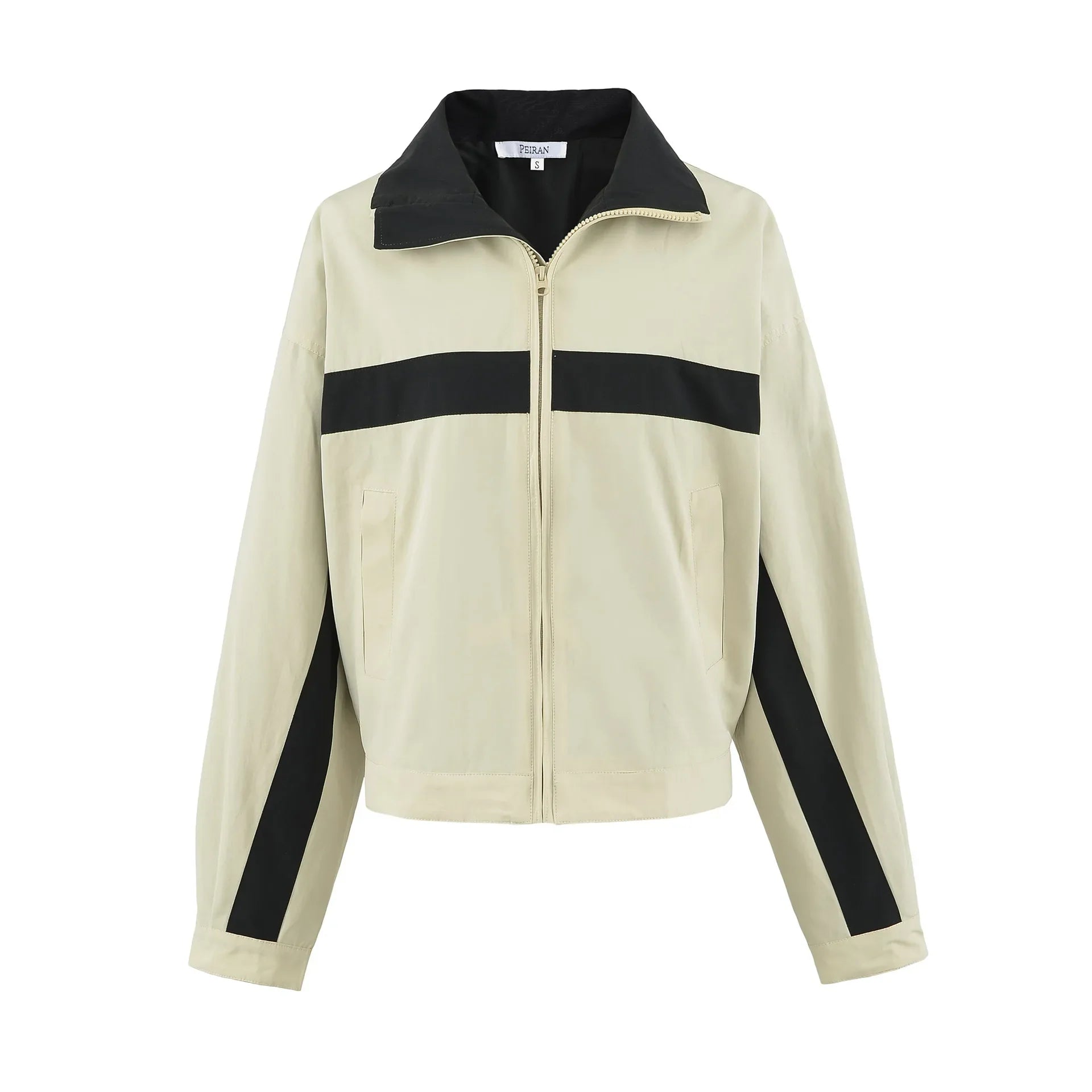 Autumn Contrast Color Zip Up High Collar Strip Safari Jackets Long Sleeve Windbreak Coat Loose Charge Outdoors Sports Outerwear