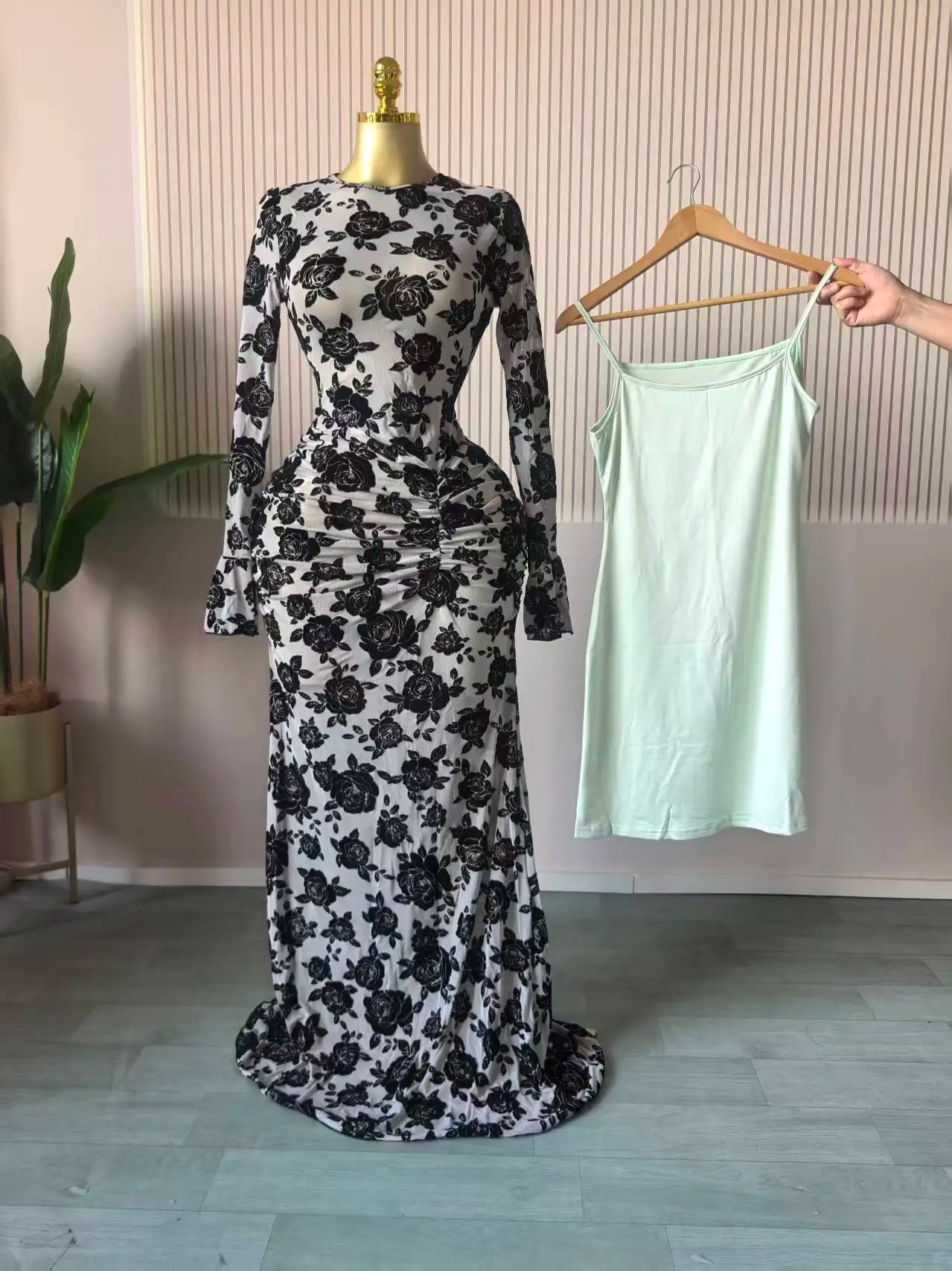CM.YAYA Women Long Sleeve Stacked Mesh See Though with Lining Bodycon Long Dress 2025 Autumn Evening Birthday Sexy Party Dresses