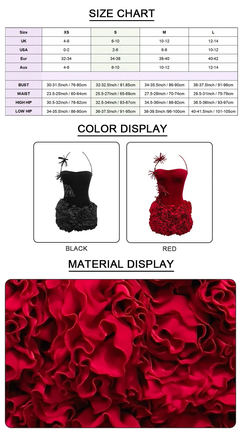 VC Structured Flowers Skirt Two Piece Set Halter Floral Black Red Corset Top With Mini Skirt Lace-up Suit Celebrity Party Wear