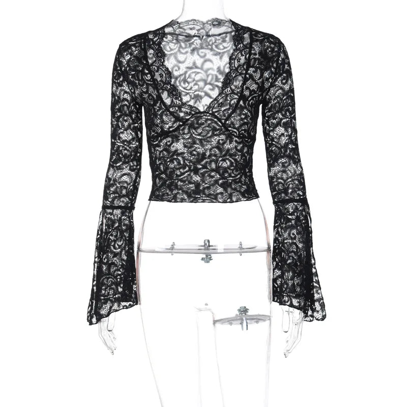 DGLUKE V-Neck Long Sleeve Lace Top Women Sexy Transparent  Crop Top Summer Fall Woman Blouses And Shirts Clubwear