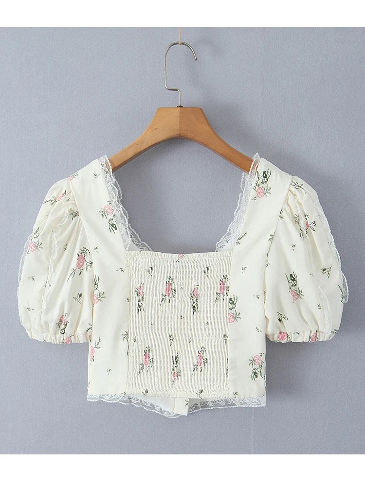 2024 Women Summer Vintage Floral Print Bow Tied Cropped Tank Tops Fashion V-Neck Short Sleeve Female Casual Chic Tops Vestidos