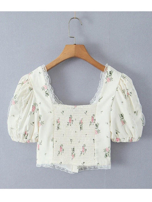 2024 Women Summer Vintage Floral Print Bow Tied Cropped Tank Tops Fashion V-Neck Short Sleeve Female Casual Chic Tops Vestidos