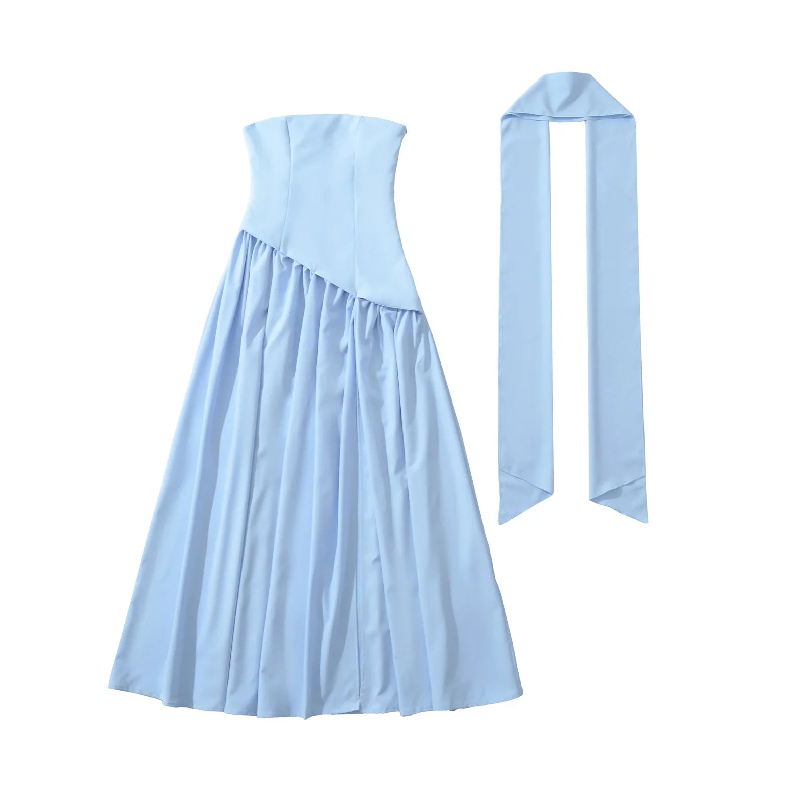 Women Light Blue Strapless Long Dress Asymmetrical Ruched Sexy Slit Lace Up Party Dresses Elegant Formal Evening Gown With Scarf