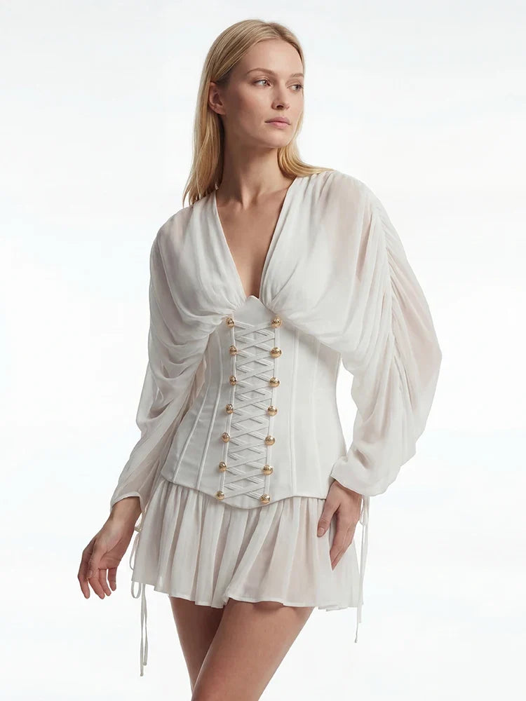 VC Elegant White Corset Mini Dress for Women V-Neck Chiffon Long Sleeve Lace-Up Waist Slim Fit Ruffle Hem Women's Casual Dresses