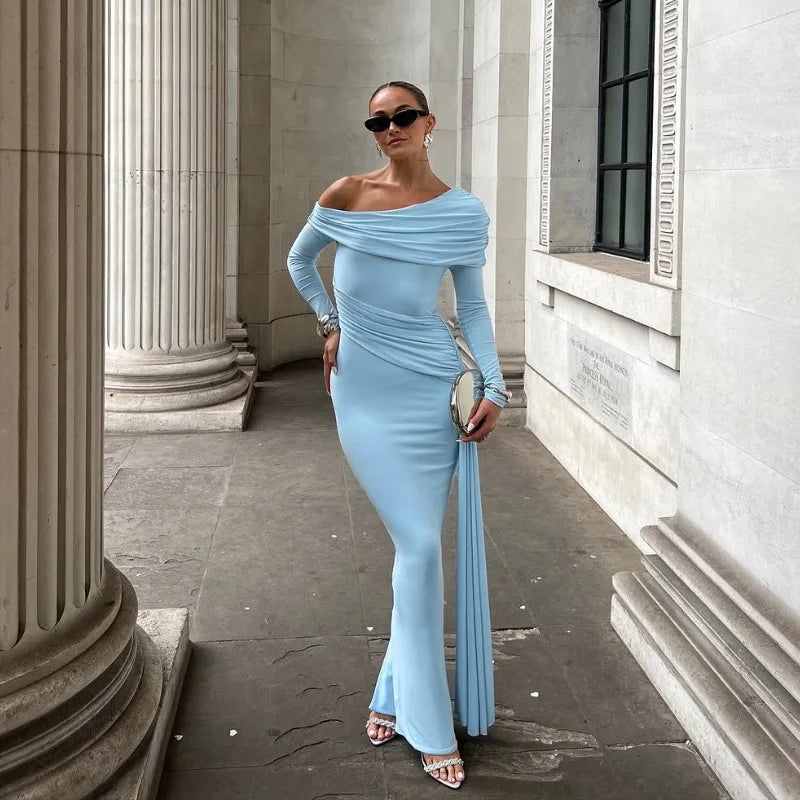 Cryptographic Elegant Asymmetrical Ruched Maxi Dress Party Club Outfits for Women Long Sleeve Sexy Bodycon Maxi Dresses Gown