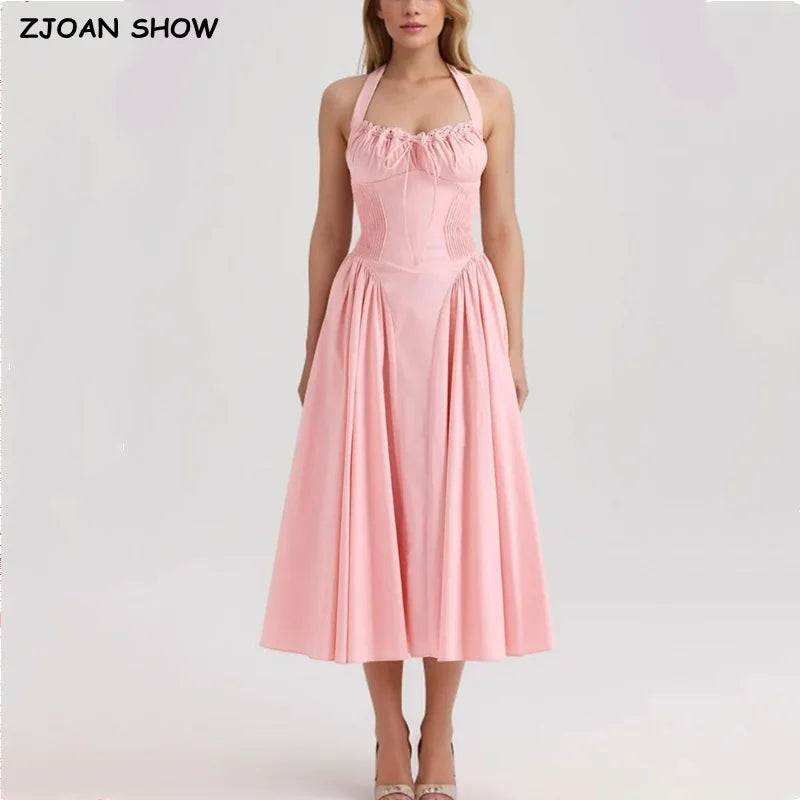 2024 Sexy Pink Corset Style Bow Halter Dress Spliced Lace Drawstring Rope Chest Pleated Slim Low Waist A-lined Swing Midi Robe