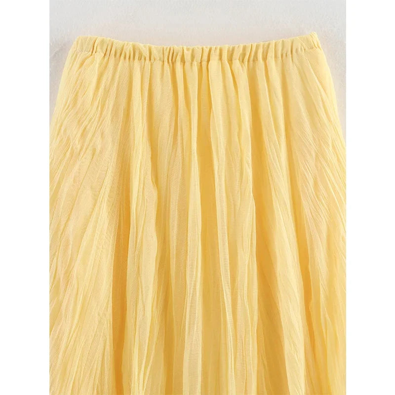 YENKYE Women Crinkle A-line Midi Butter Yellow Skirt Elastic Waist Spring Summer Holiday Elegant Skirts New 2025 faldas mujer
