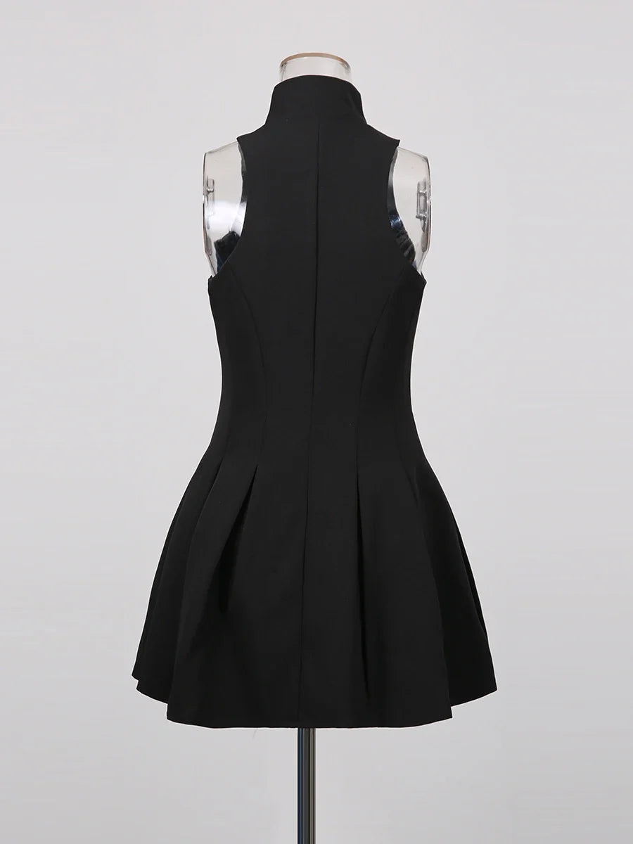 TWOTWINSTYLE Slimming Spliced Zipper Fashion Mini Dresses for Women High Neck Sleeveless High Waist Patchwork Folds Dress Female