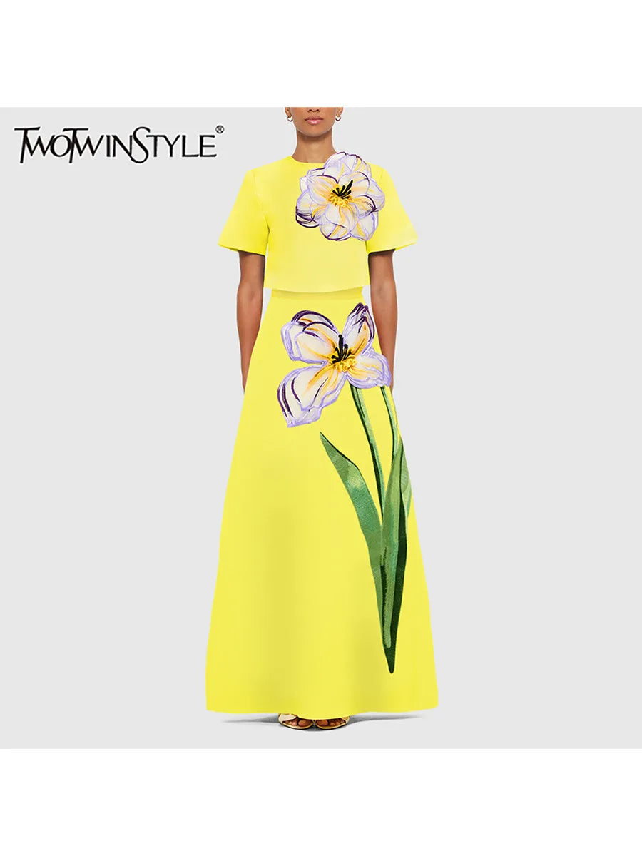 TWOTWINSTYL Solid Loose Two Piece Set For Women Round Neck Short Sleeves Split Top High Waist Skirt Elegant Sets Female Clothing