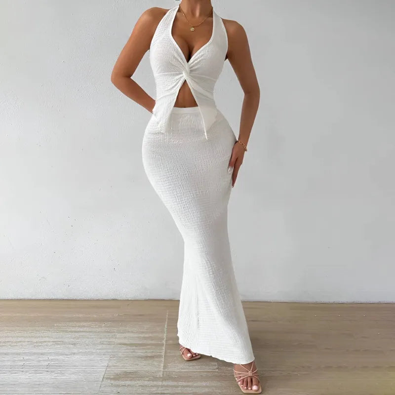 Tuularose White Long Skirt Two Piece Summer Sexy Twist Lace-up Vest Top Tight Long Skirt Set Elegant 2025 Female Long Dress Sets
