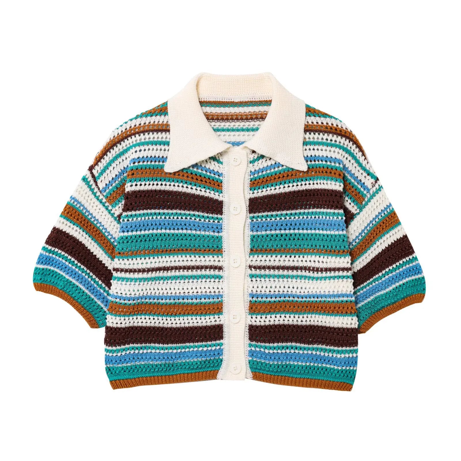 Women Patchwork Striped Hollow Out Crochet Knitted Crop Sweater Shorts Set Short Sleeve Polo Collar Sweater Knit Shorts Suit Y2K
