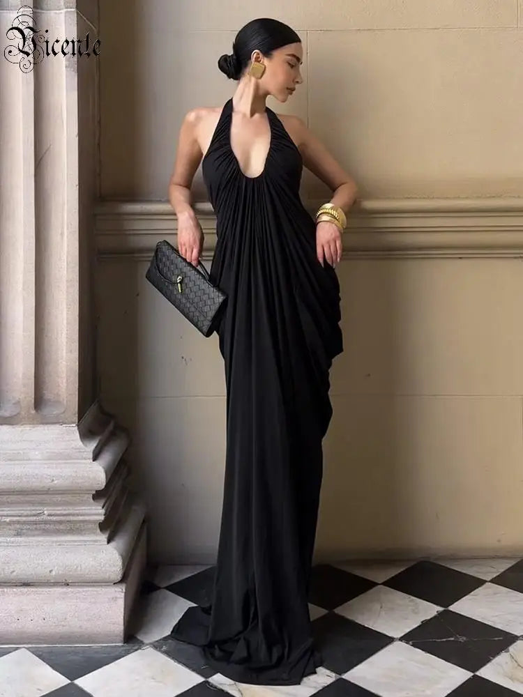 VC Black Halter Neck Backless Maxi Dress Women Deep V Neck Draped Elegant Evening Party Long Dress Summer Beach Gown Vestido