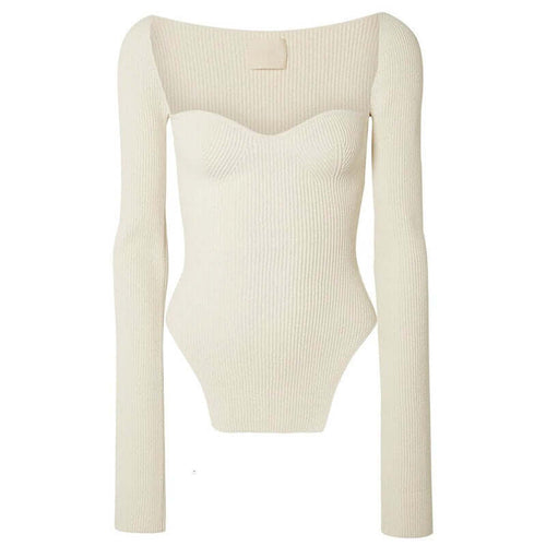 White ribbed long-sleeve bodysuit on a white background