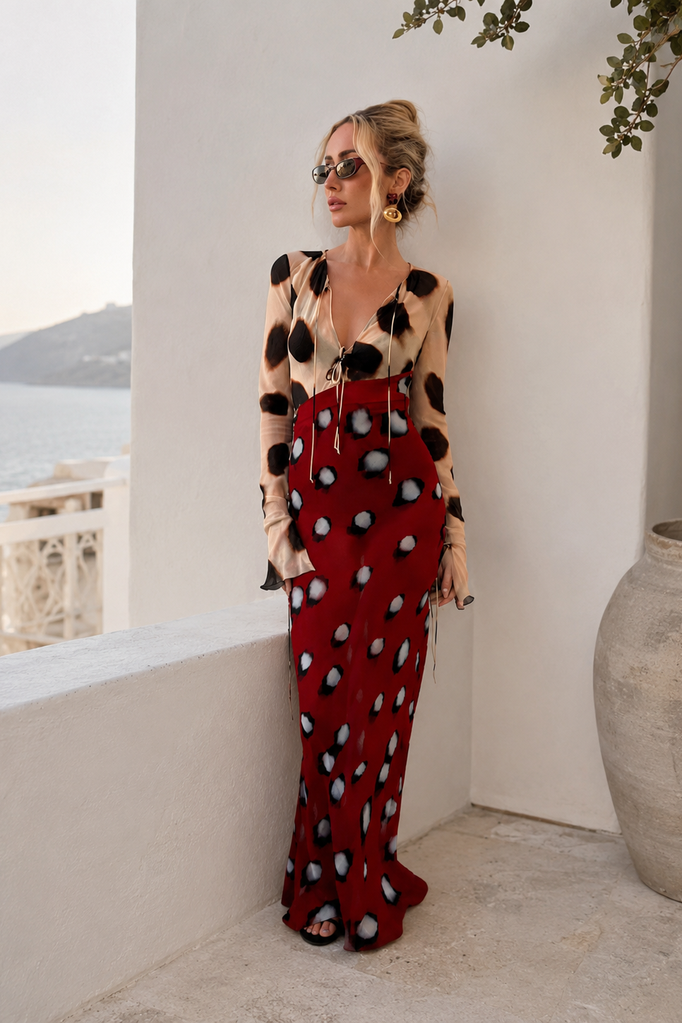 A woman models a two-piece jumpsuit set featuring a beige and black polka dot long-sleeve top and a red velvet jumpsuit with black and white polka dots, set against a Mediterranean-style white wall and sea background.